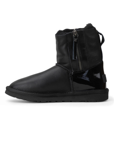 UGG Classic Short Double Zip Black Leather Lacquer