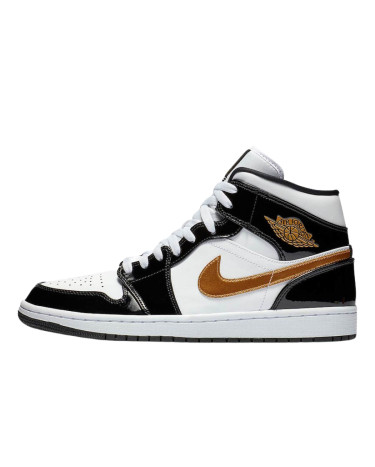 Jordan 1 Mid Patent Black White Gold 852542-007
